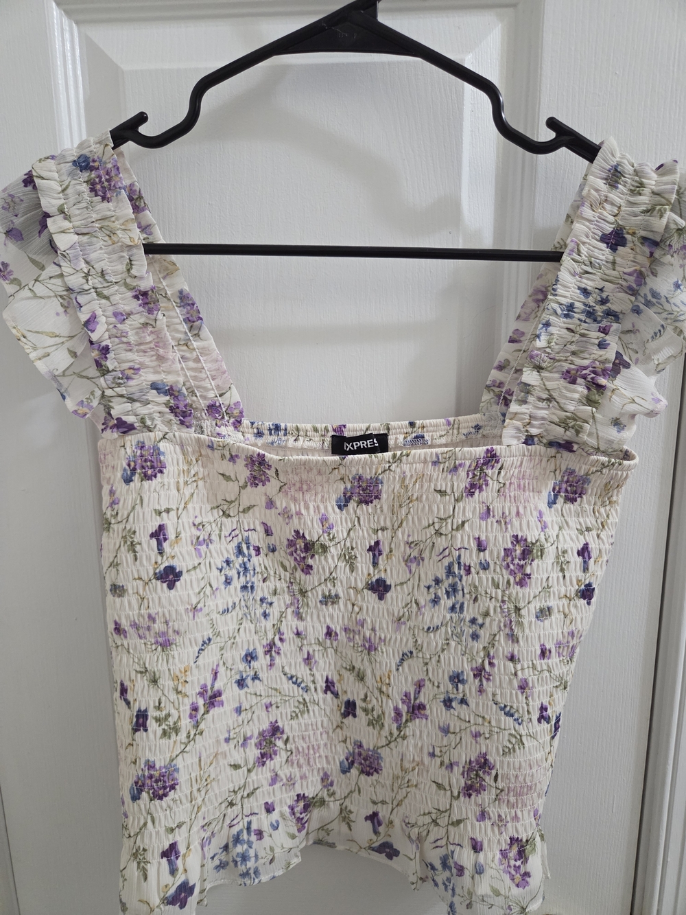 Express Cream Floral Smocked Ruffle Strap Tank Top